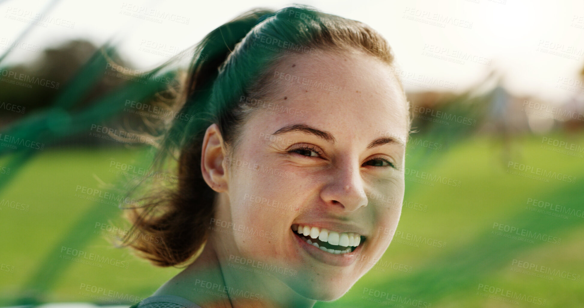 Buy stock photo Portrait, net and woman on football field for fitness, training and positive attitude for match. Smile, female person and confidence outdoor for soccer, exercise and practice sports for competition