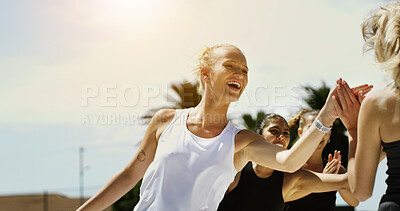 Buy stock photo Outdoor, group and women with high five for practice, training support and celebration for match goal. Football competition, winner and players with congratulations for score, smile and team building