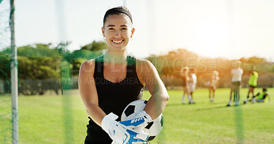 Buy stock photo Soccer, portrait and goalkeeper with happy woman for sports game or outdoor match on grass field. Active, female person or goalie with smile, net or ball for football practice or training on pitch