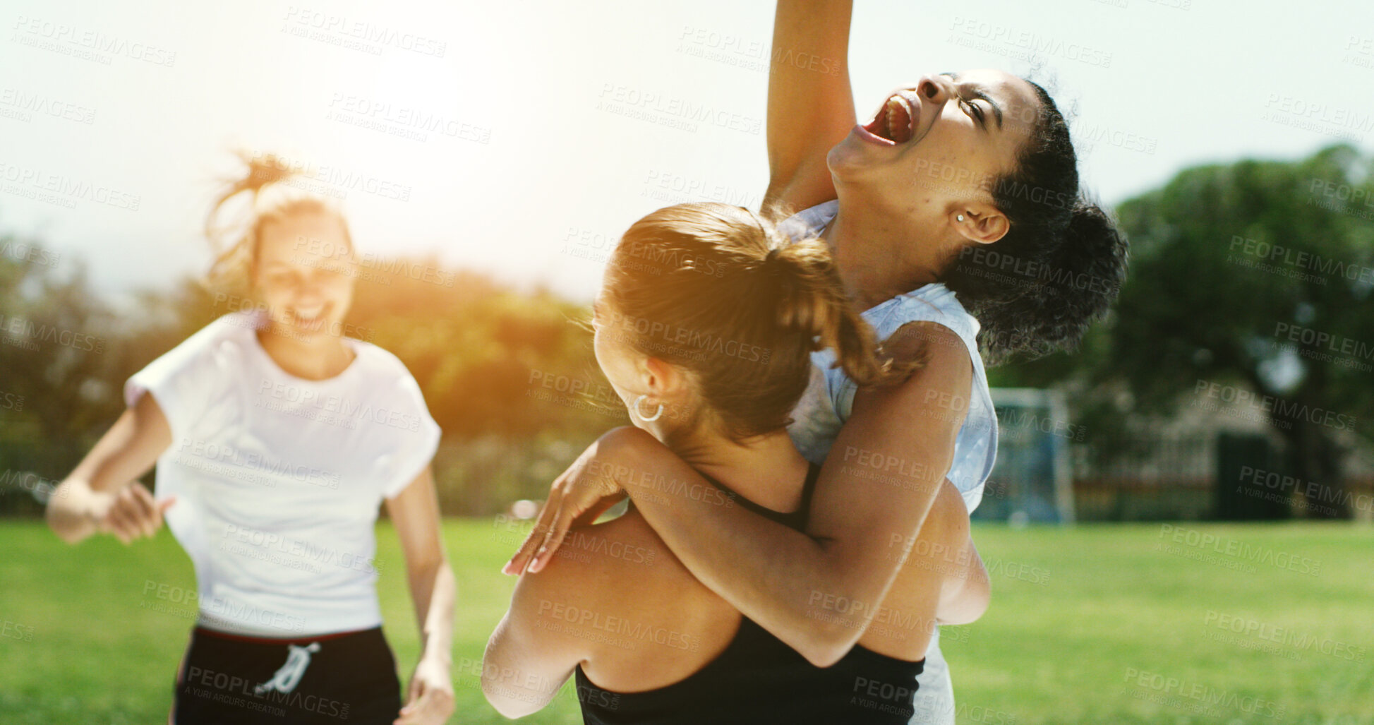 Buy stock photo Team, stretching and men on grass, training and happy for competition, wellness and exercise routine. Outdoor, athlete and people with smile for workout, conversation and warm up for game on field