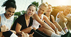 Outdoor, relax and team with laughing for fitness, soccer joke and bonding for sports training break. Football practice, resting and happy women with funny conversation for connection, humor or flare