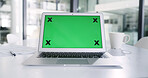 Office, mockup and space with laptop green screen for marketing, UI or business advertising. Empty, computer and workplace with technology display, app or UX for online development in workplace