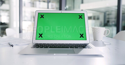 Buy stock photo Office, mockup and space with laptop green screen for marketing, UI or business advertising. Empty, computer and workplace with technology display, app or UX for online development, data or project