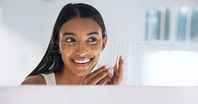 Buy stock photo Woman, mirror and cotton pad for skincare in home, cleaning or hygiene with makeup removal. Self care routine, happy person and reflection for dermatology with beauty in bathroom and cosmetics
