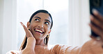 Happy, home or Indian woman with pose for selfie, influencer post or online update for profile picture. Social media, smile or person with photography for web audience, playful or cute gesture