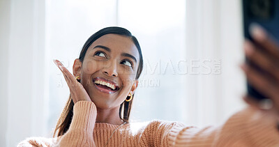 Buy stock photo Happy, home or Indian woman with pose for selfie, influencer post or online update for profile picture. Social media, smile or person with photography for web audience, playful or cute gesture