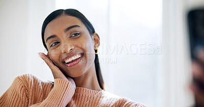 Buy stock photo Home, influencer or woman with pose for selfie, social media post or online update for profile picture. Apartment, smile or content creator with photography for web audience, playful or cute gesture