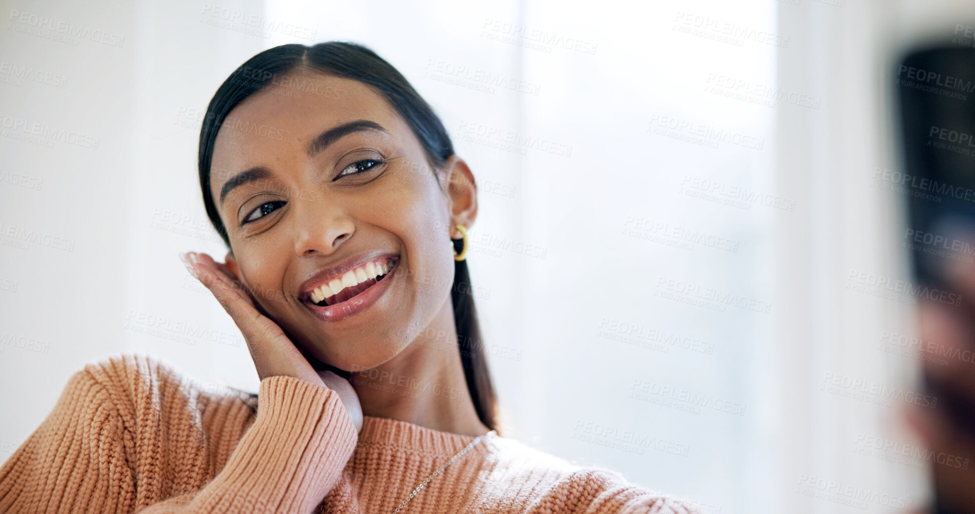 Buy stock photo Home, influencer or woman with pose for selfie, social media post or online update for profile picture. Apartment, smile or content creator with photography for web audience, playful or cute gesture