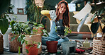 Maintenance, plants or woman in house with shovel, soil upkeep or gardening care in horticulture. Houseplants, spade or person with tool, greenery management or growth cultivation in botanical hobby.