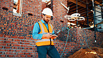 Construction, building and man with drone controller for site surveying, inspection or mapping. Surveyor, worker or UAV tech outdoor for tracking renovation progress, monitor development and workflow