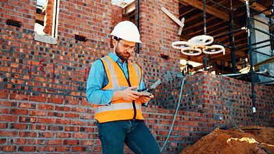 Buy stock photo Construction, building and man with drone controller for site surveying, inspection or mapping. Surveyor, worker or UAV tech outdoor for tracking renovation progress, monitor development and workflow
