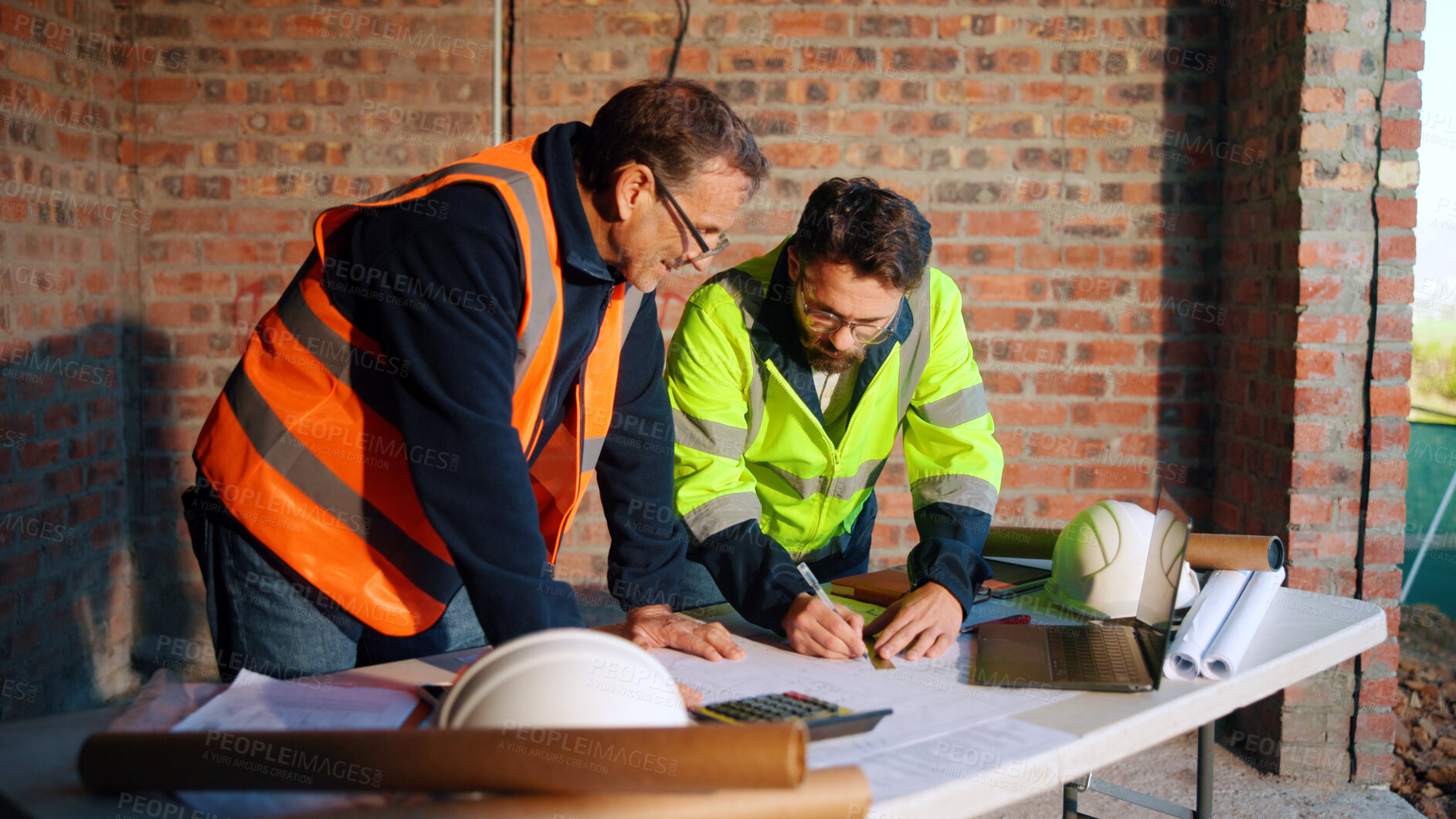 Buy stock photo Construction site, writing and men with blueprint for planning, layout and building measurements. Civil engineer, architecture and people with paper for renovation design, teamwork and dimensions