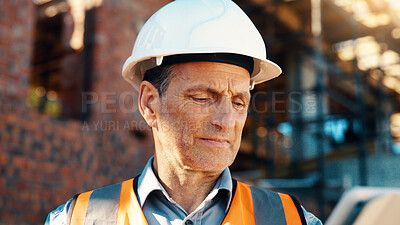Buy stock photo Construction, mature and man on tablet for building review, evaluation and compliance report. Architecture, civil engineering and person on digital tech for infrastructure, planning and renovation