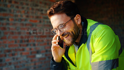 Buy stock photo Architect, phone call and happy man with smile at construction site, safety and updates for contact. Civil engineer, laugh and person with mobile for discussion, quality assurance and architecture