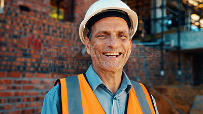 Buy stock photo Construction, portrait and man with smile on site for building inspection, property safety and trade. Foreman, mature person and happy outdoor for quality control, project management and scaffolding