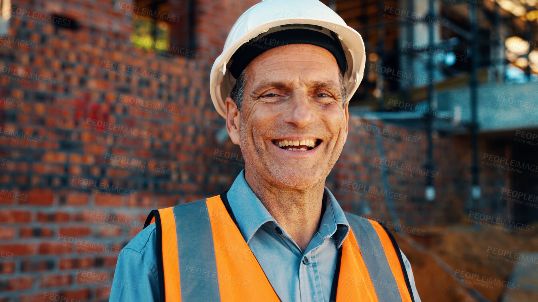 Buy stock photo Construction, portrait and man with smile on site for building inspection, property safety and trade. Foreman, mature person and happy outdoor for quality control, project management and scaffolding
