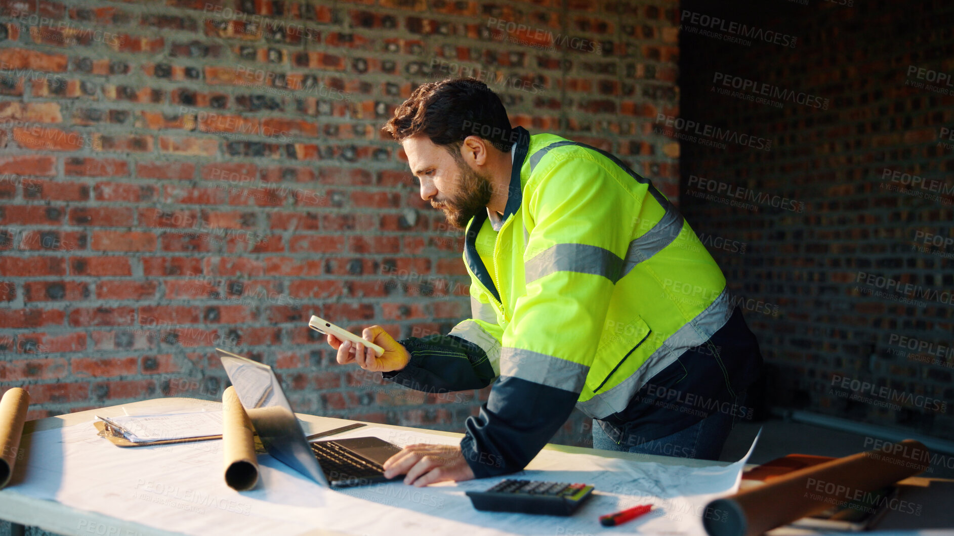 Buy stock photo Architect, online and man with phone in construction site, research and property development on web. Civil engineer, reading and person with technology for architecture project and quality assurance