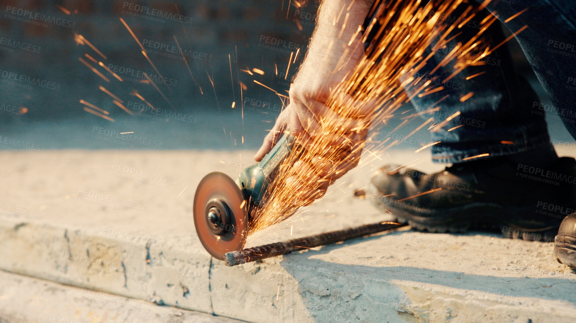 Buy stock photo Hands, engineer and grinder with rod at construction site for welding, cutting metal and manual labor. Person, electric tool and sparks for steel fabrication, surface smoothing and building industry