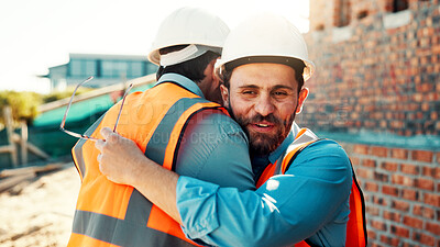 Buy stock photo Architect, team and happy men at construction site, hug and celebration for project approval or win. Civil engineer, embrace and people with smile for achievement, architecture and collaboration