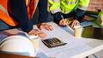 Construction, building and hands of men with blueprint for planning, layout and measurement. Civil engineer, architecture and people with paper for renovation design, infrastructure and collaboration