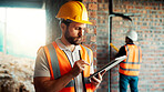 Construction, building and man on tablet for inspection, online evaluation and compliance report. Architecture, civil engineering and person on digital tech for infrastructure, planning and research