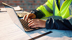 Architect, online and hands with laptop in construction site, search and property development on web. Civil engineer, reading and person with technology for architecture project and quality assurance