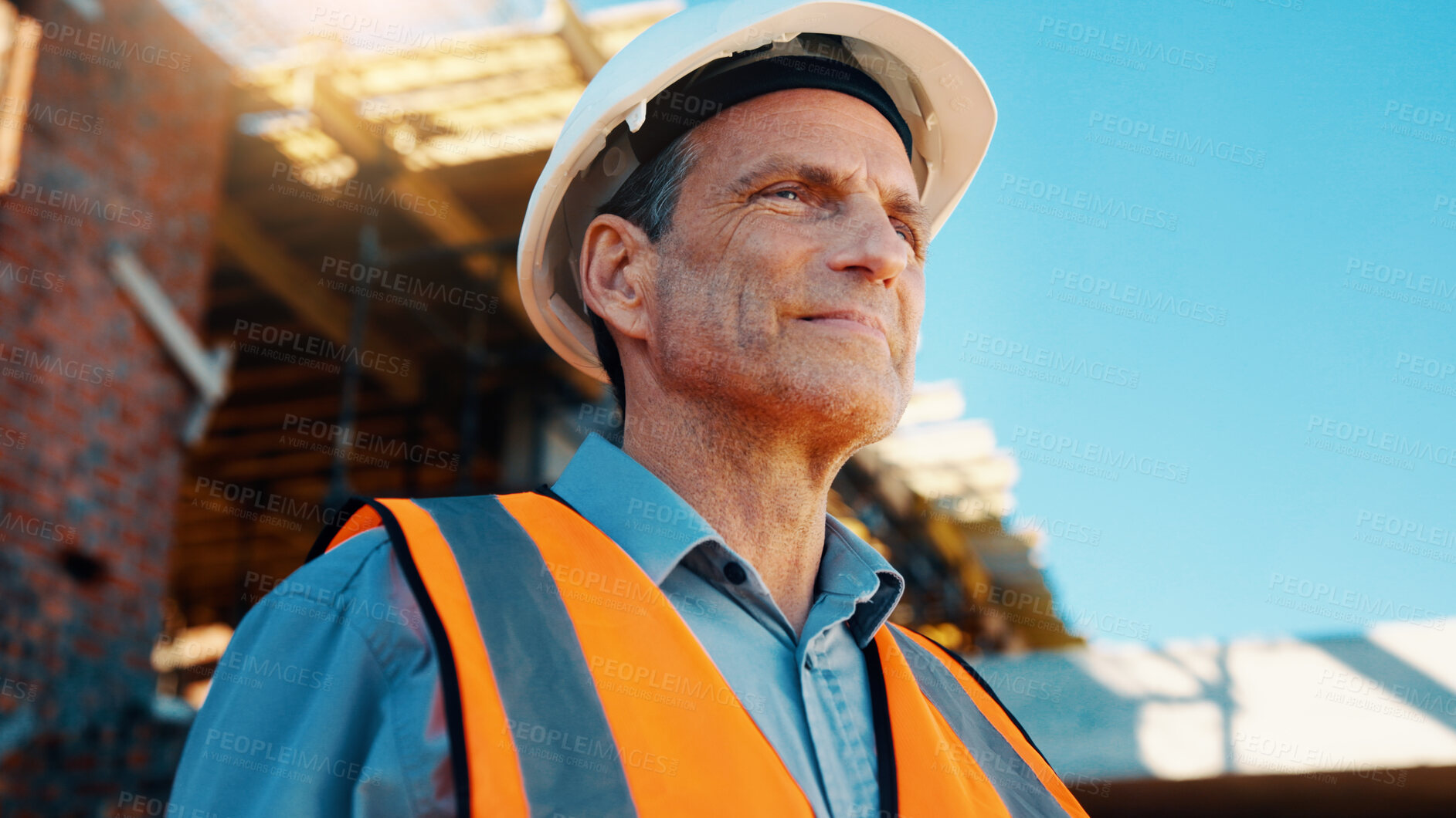 Buy stock photo Construction, thinking and man with smile on site for building progress, property vision and space. Foreman, mature person or reflection outdoor for development, quality control or project management