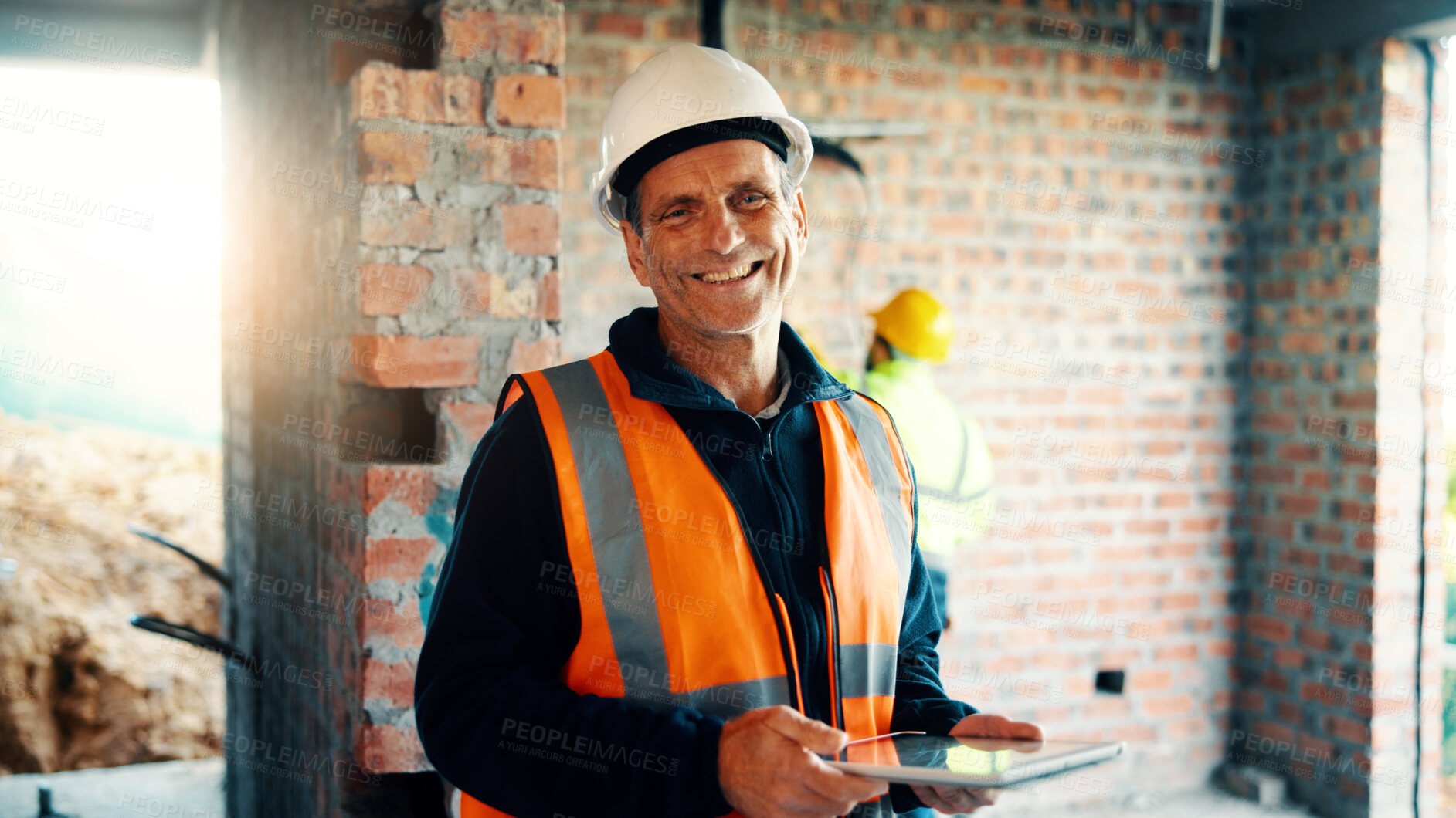 Buy stock photo Construction, portrait and mature man on tablet for review, evaluation and compliance report. Architecture, civil engineering and person on digital tech for infrastructure, planning and renovation