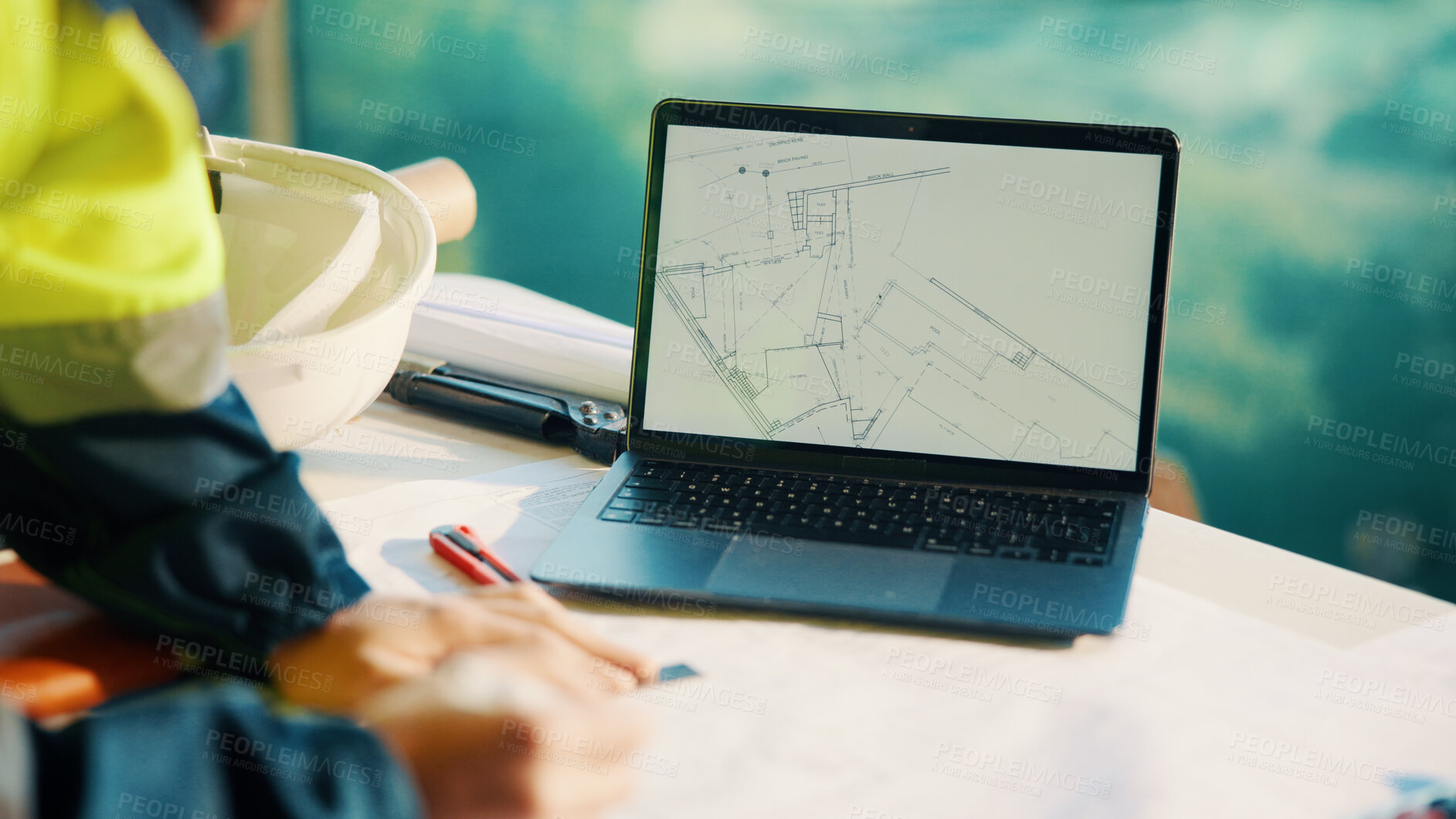 Buy stock photo Blueprint, online and hands with laptop screen in construction site, search and property development. Civil engineer, floor plan and person with technology for architecture project and design on web