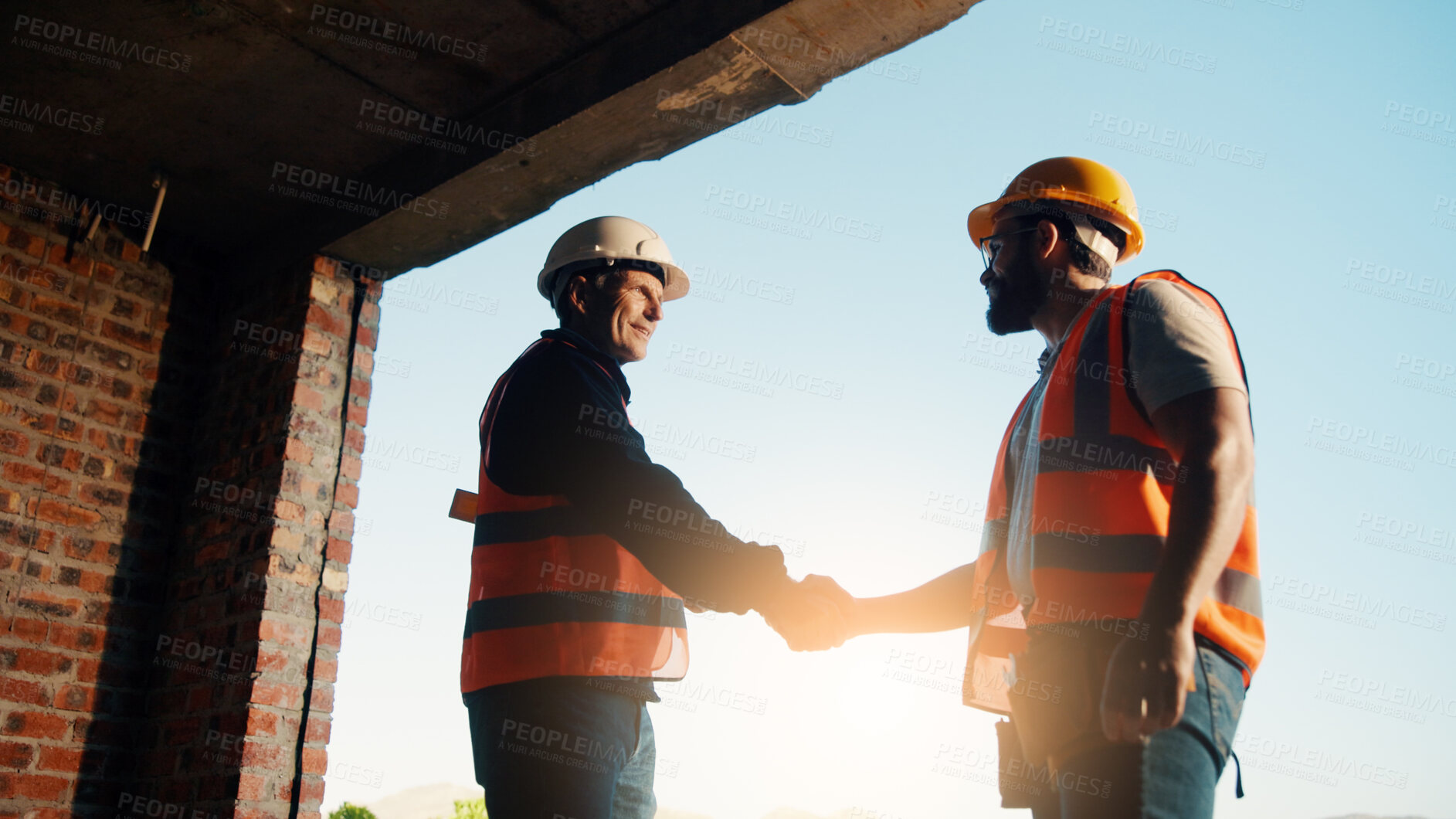 Buy stock photo Meeting, building and men with handshake on construction site for agreement, compliance and contract. Team, architecture and people shaking hands for engineer project, infrastructure and development