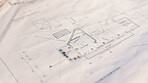 Architecture, sketch and blueprint on desk, construction site and equipment for property development. Creative, floor plan and documents for building design, maintenance and info for home renovation