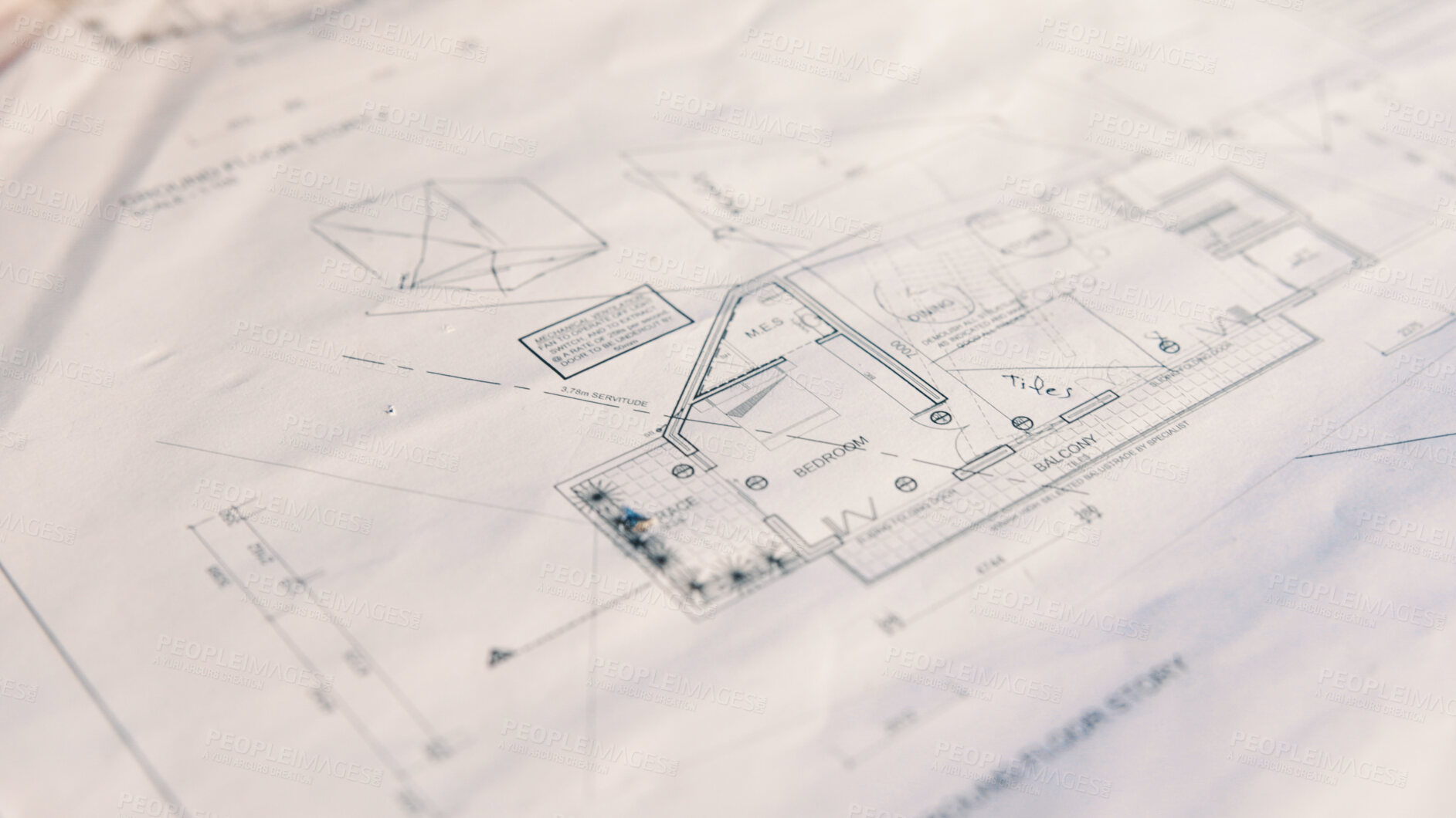 Buy stock photo Architecture, sketch and blueprint on desk, construction site and equipment for property development. Creative, floor plan and documents for building design, maintenance and info for home renovation