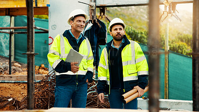 Buy stock photo Talk, architect and men in construction for site inspection, project planning or building safety. Team, people or tech with blueprint outdoor for development progress, architecture or quality control