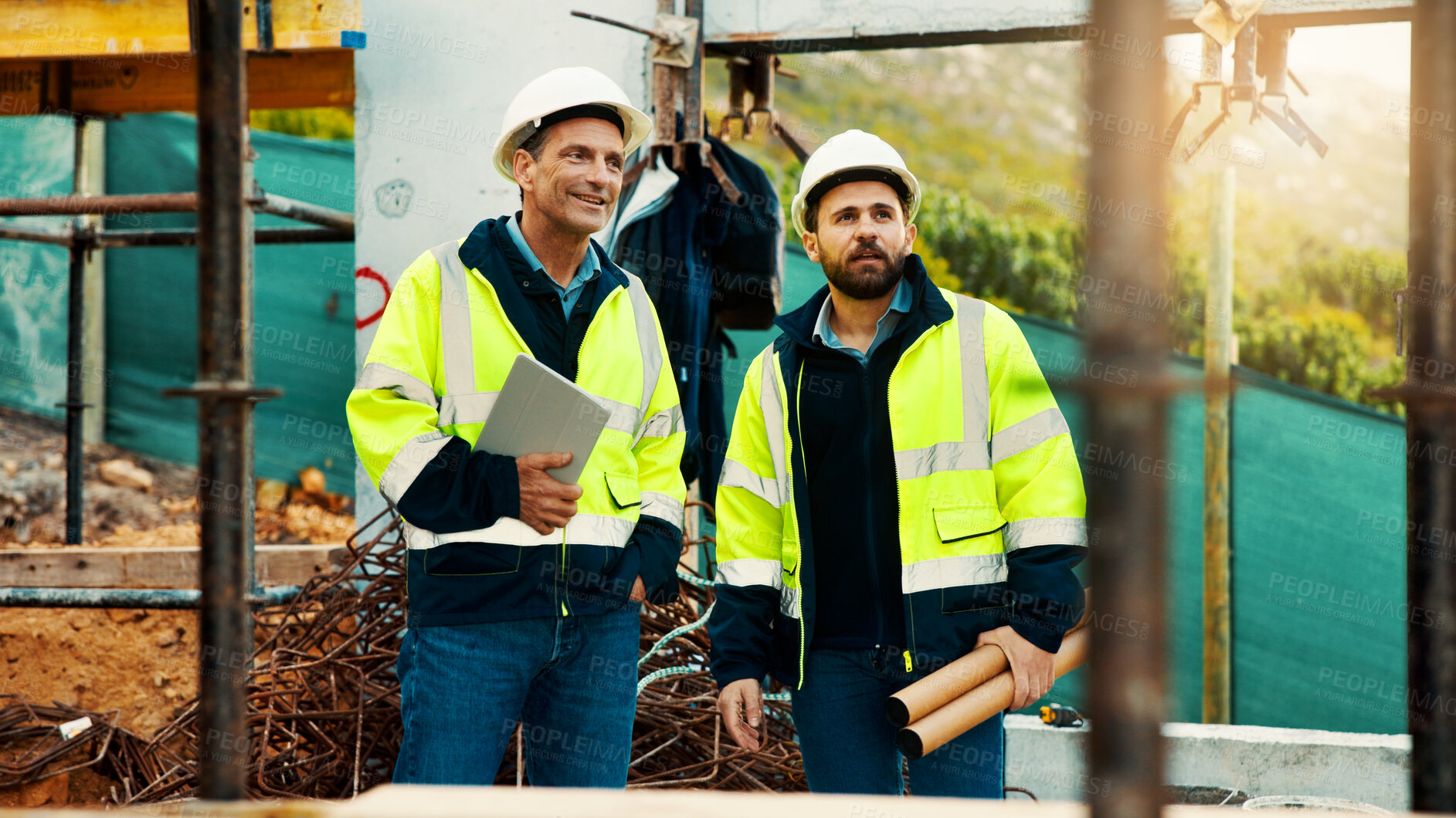 Buy stock photo Talk, architect and men in construction for site inspection, project planning or building safety. Team, people or tech with blueprint outdoor for development progress, architecture or quality control