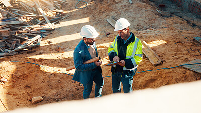 Buy stock photo Talk, architect and manager with checklist for construction planning, building update or teamwork. Above, men and project foreman with clipboard outdoor for progress, quality control and architecture