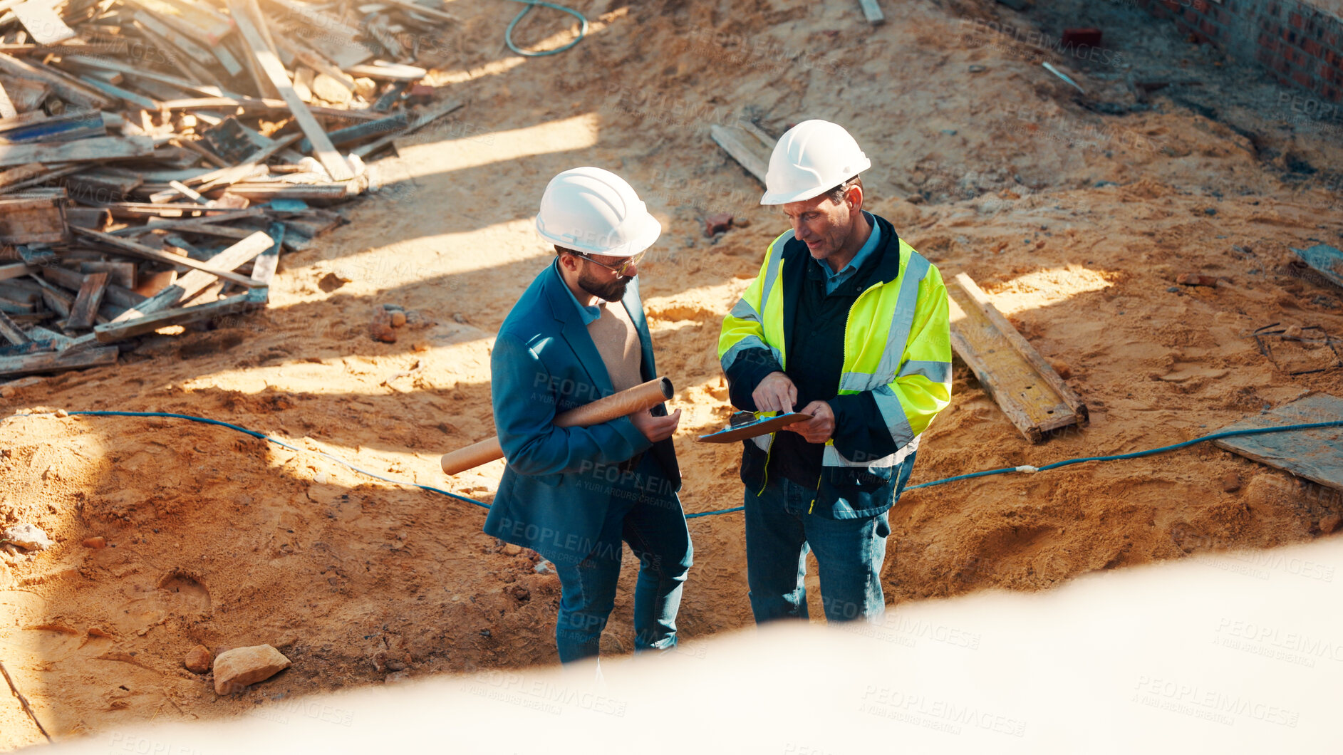 Buy stock photo Talk, architect and manager with checklist for construction planning, building update or teamwork. Above, men and project foreman with clipboard outdoor for progress, quality control and architecture
