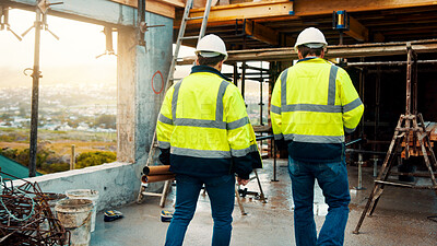 Buy stock photo Back, architect or men in construction with walk for site inspection, renovation progress or safety. Building, compliance and team with blueprint for quality assurance, city project or architecture