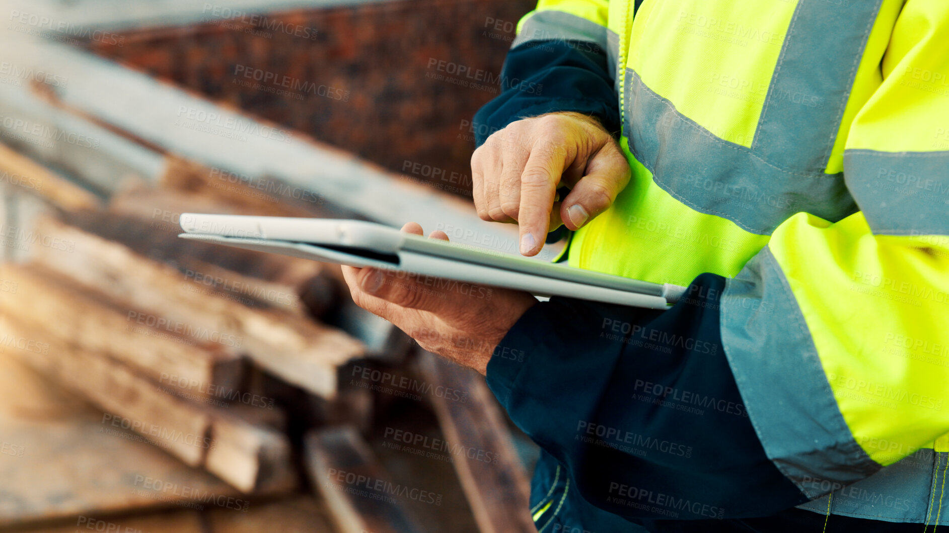 Buy stock photo Person, hands and builder with tablet in construction site for building inspection or maintenance. Contractor, technology or checklist with material for civil engineering, inventory or safety check