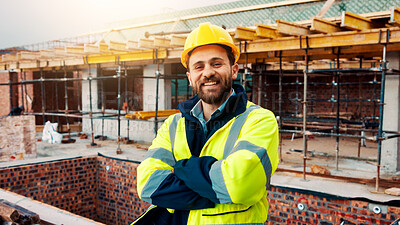 Buy stock photo Portrait, engineering and man with arms crossed, construction site and urban development. Happy, person and employee in city, architecture and pride for infrastructure, safety and remodeling project