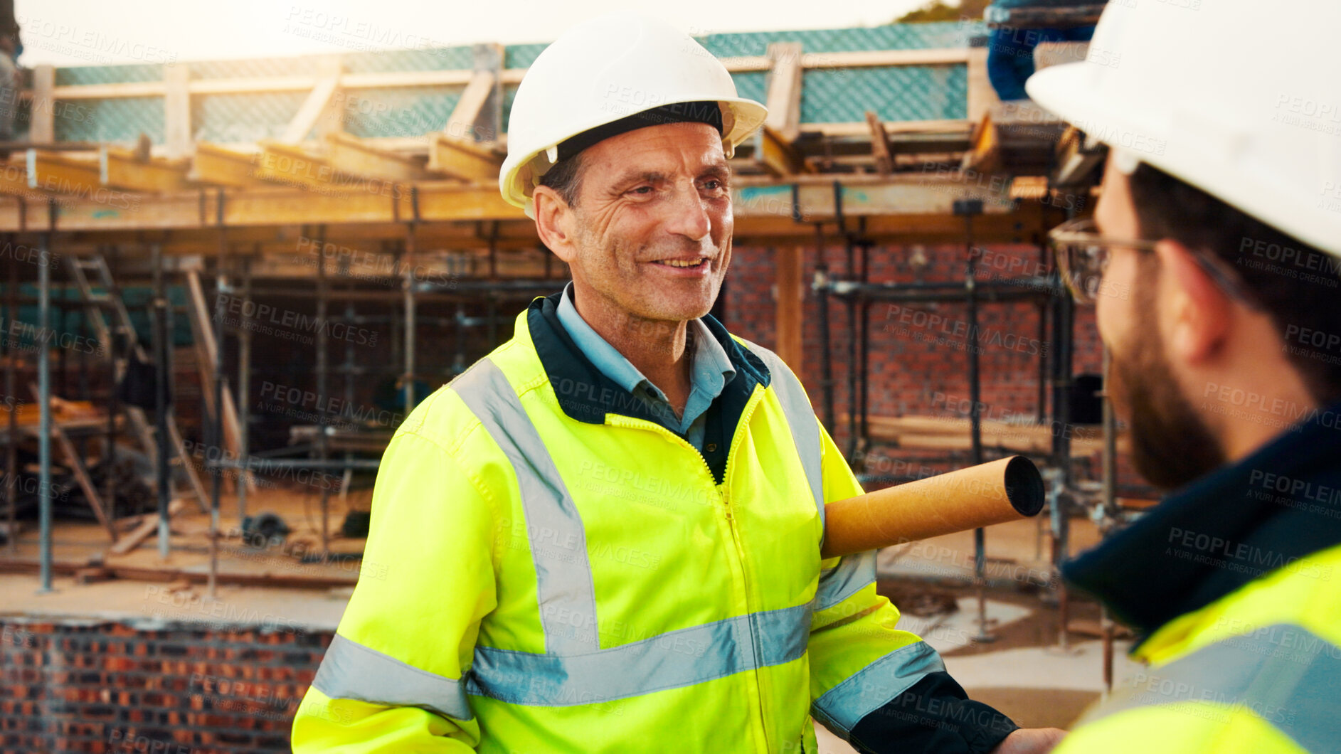 Buy stock photo Construction, manager or team on site with discussion, task instruction or guidance in project management. Smile, men or mature engineer with ppe, building brief or collaboration with operations plan