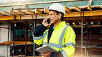 Man, construction or architect with phone call or tablet in scaffolding for building inspection. Male person, civil engineer or security check with technology for architecture safety or maintenance