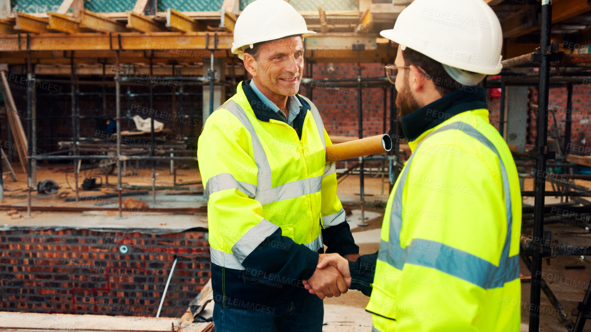 Buy stock photo Engineer, men or happy with handshake for site inspection, collaboration or urban development. Construction, contractors and shaking hands with agreement for quality control, smile and compliance