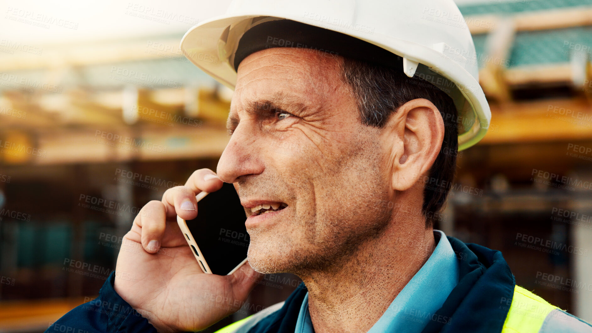 Buy stock photo Phone call, talking and man in city for construction, urban planning and communication for progress. Architecture, civil engineer and mature person on cellphone for discussion, chat or project update
