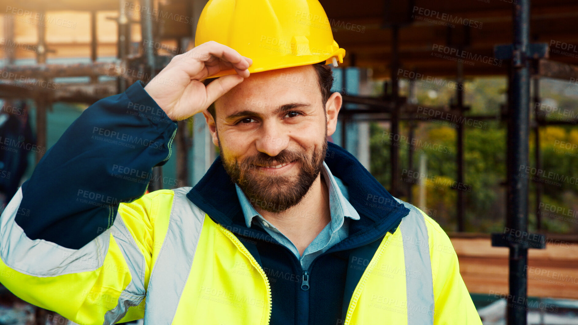 Buy stock photo Architect, portrait and happy man with helmet on construction site for building safety or security. Male person, builder or smile with hard hat for architecture development or maintenance in city
