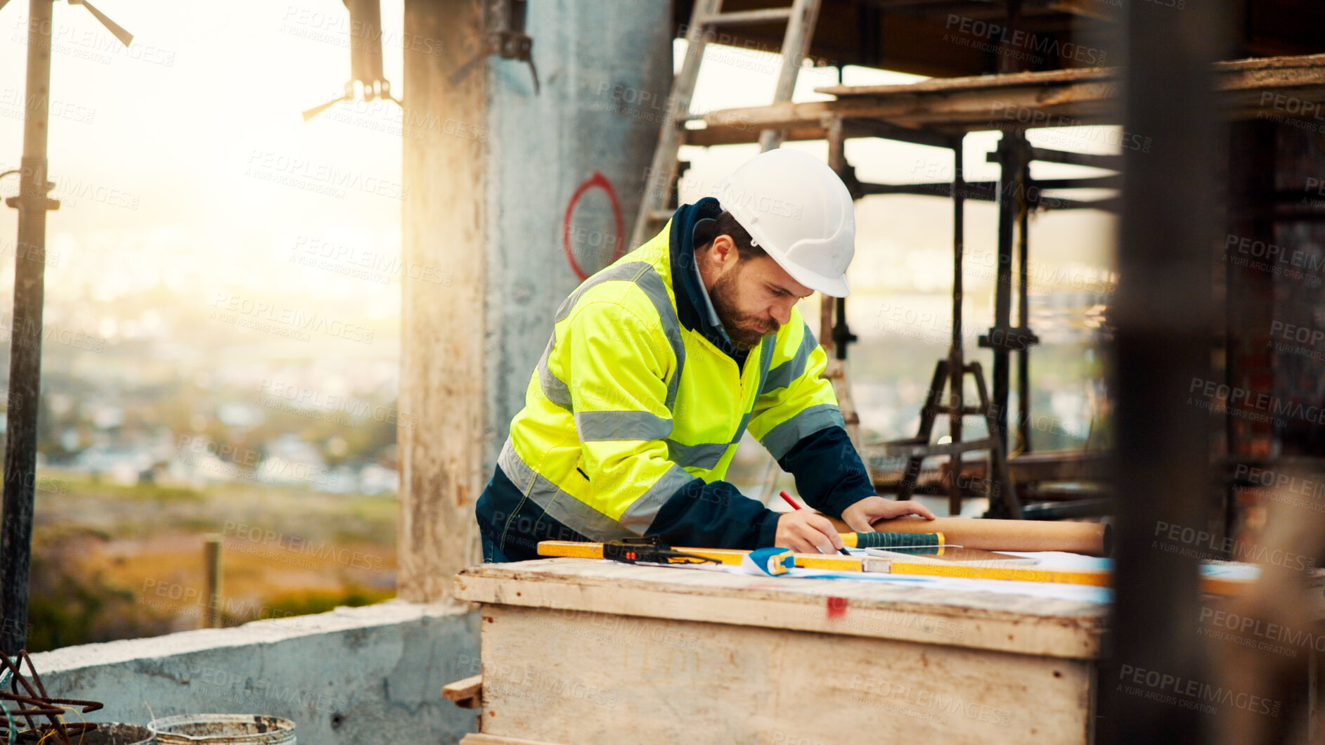 Buy stock photo Man, architect or planning with blueprint for building project, development or construction on site. Male person, civil engineer or writing with floor layout on scaffolding for architecture in city
