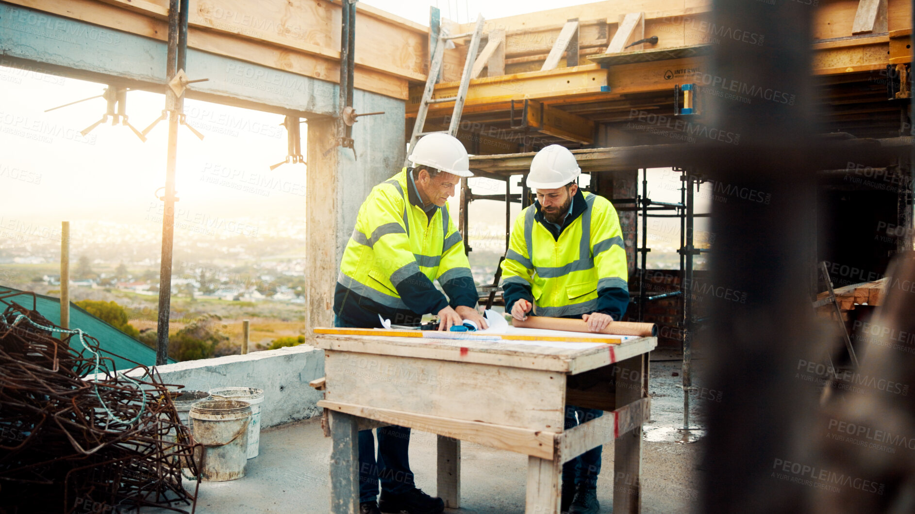 Buy stock photo Construction, architects and talk with blueprint on site for renovation design, strategy or teamwork. Architecture, men and discussion with floor plan for building upgrade, code compliance or outdoor
