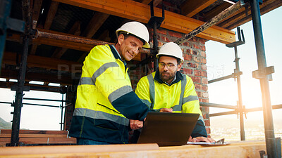Buy stock photo Construction, team and talk on site with laptop, engineering insight and strategy for building project. Contractor, people and outdoor with computer, collaboration and discussion for infrastructure.