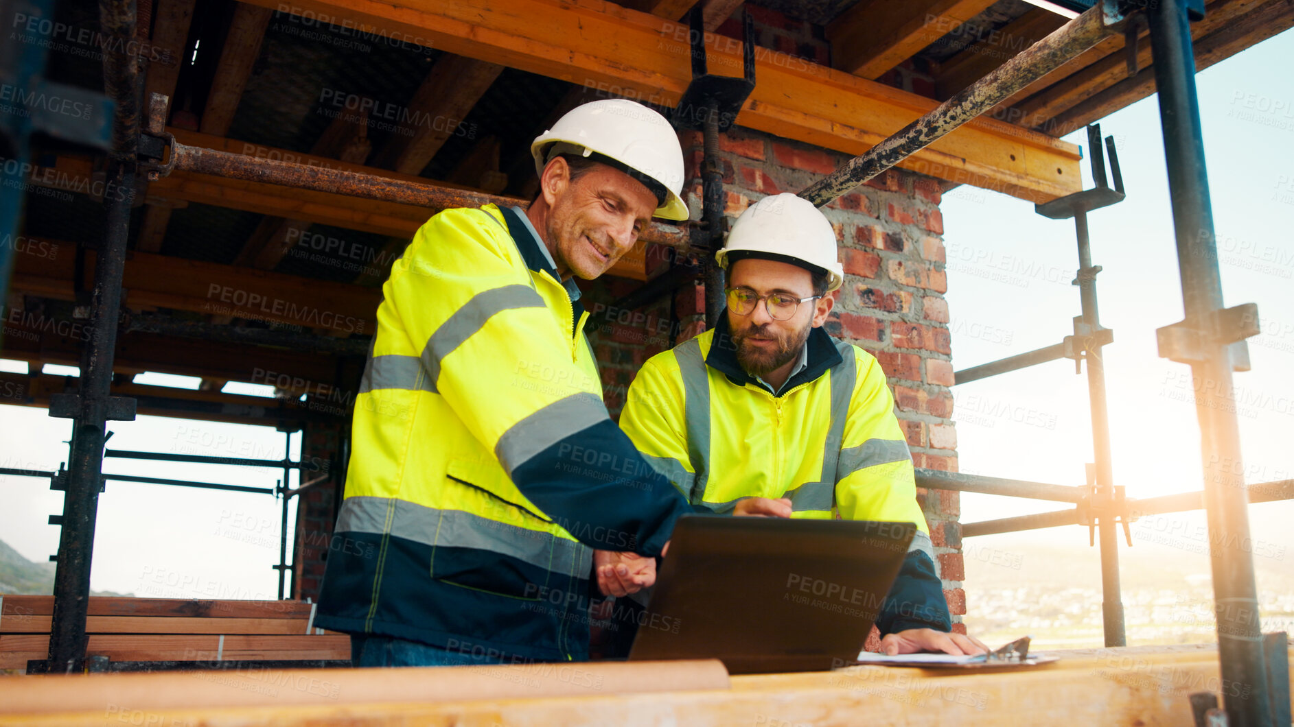 Buy stock photo Construction, team and talk on site with laptop, engineering insight and strategy for building project. Contractor, people and outdoor with computer, collaboration and discussion for infrastructure.