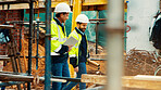 Construction, architect and manager talk on site for project planning, inspection and renovation. Team, men and tablet with blueprint outdoor for development progress, quality control or architecture