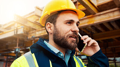 Buy stock photo Phone call, discussion and man in city for construction, urban planning and update for progress. Architecture, civil engineer and person on cellphone for conversation, chat and  feedback for project